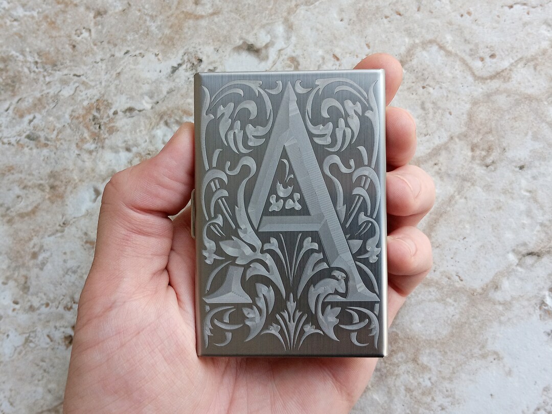 Custom Engraved Stainless Steel RFID Blocking Credit Debit Business Card Holder Wallet with Release Button Metal Case Floral Monogram Text | MakerPlace by Michaels Custom Engraved Stainless Steel RFID Blocking Credit Debit Business Card Holder Wallet with Release Button Metal Case Floral Monogram Text | MakerPlace by Michaels